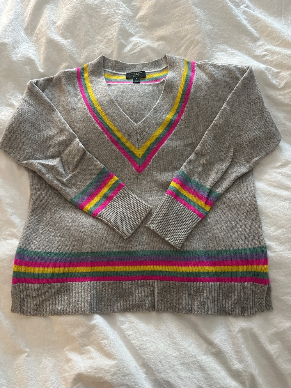Striped V-Neck Cashmere Sweater in Heather Gray with Pink & Yellow Accents